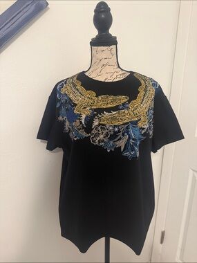 ZARA Embroidered Crocodile T-Shirt Black Gold Blue Floral Made in Portugal